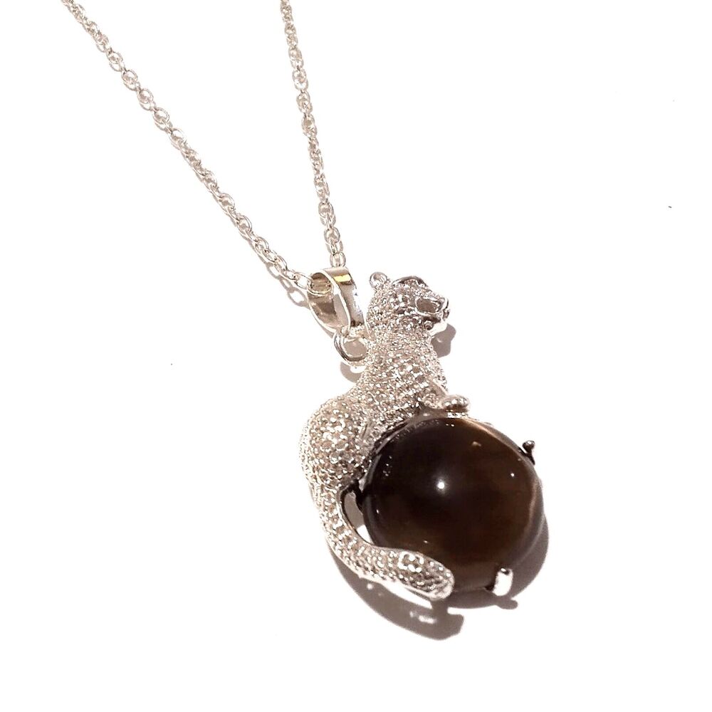 Silver Tone Leopard Tiger's Eye Pendant Necklace 18 Inch - Picture 5 of 7